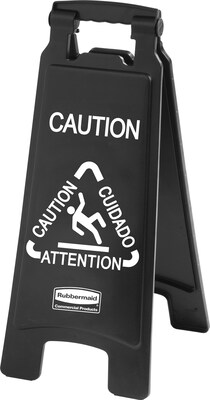 Rubbermaid® Commercial Executive 2-Sided Multi-Lingual Caution Sign, 10 9/10 x 26 1/10, Plastic, Black, Each (RCP 1867505)