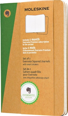 Moleskine Evernote Pocket Soft Cvr Journals w/Smart Stickers, Square Ruled, 3-1/2 x 5-1/2, 2/Pack