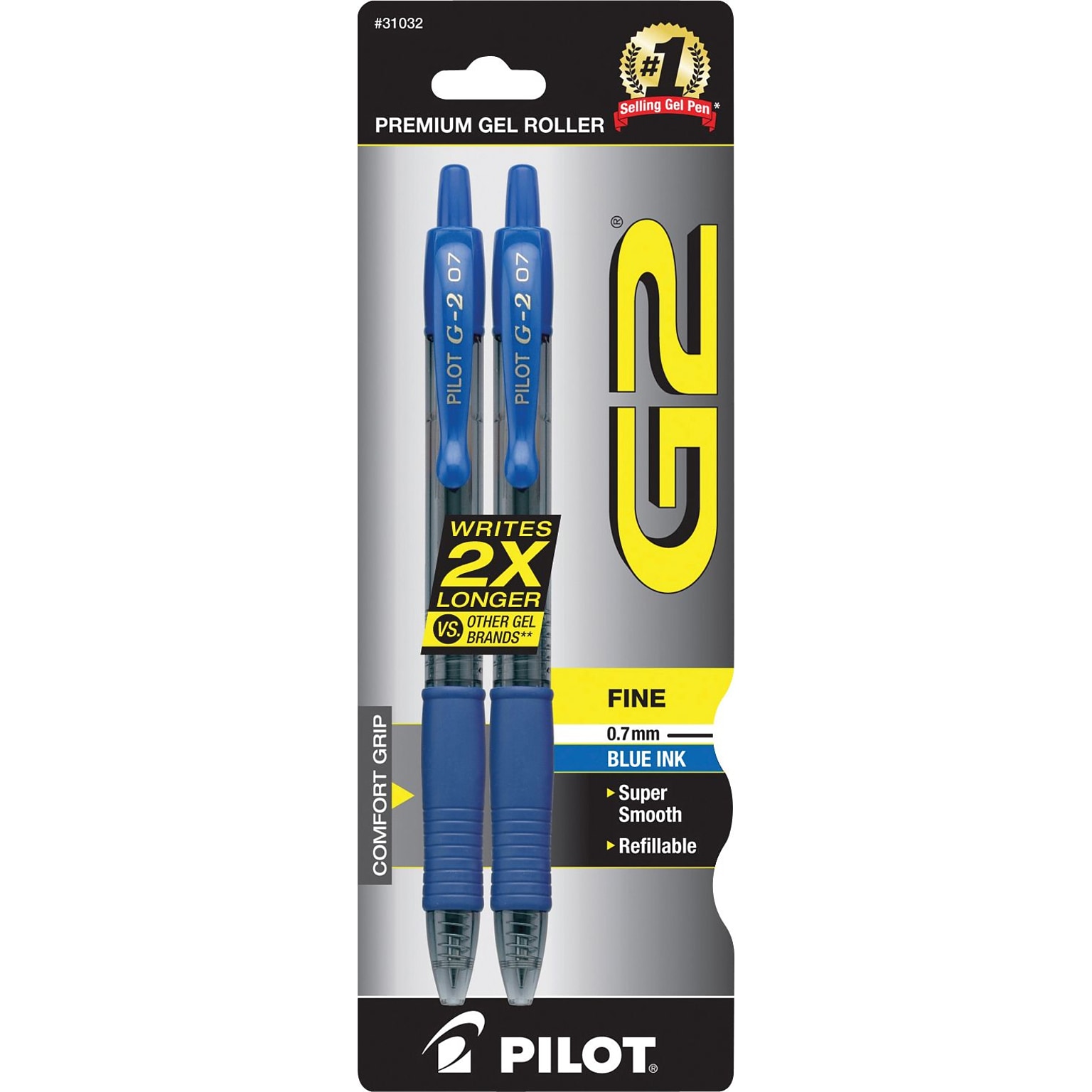 Pilot G2 Retractable Gel Pens, Fine Point, Blue Ink, 2/Pack (31032)
