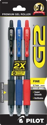 Pilot G2 Retractable Gel Pens, Fine Point, Assorted Ink, 3/Pack (31023)