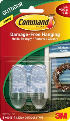 Command™ Outdoor Medium Clear Window Hooks, Clear, 2/Pack