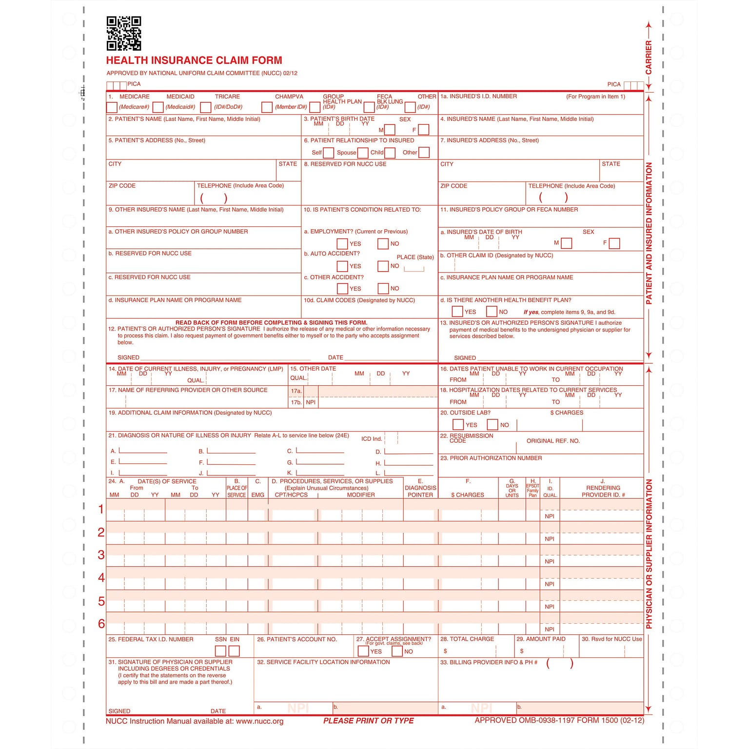 ComplyRight™ CMS-1500 Health Insurance Claim Form (02/12), 2-Part Continuous, White/White, 1,000/Box