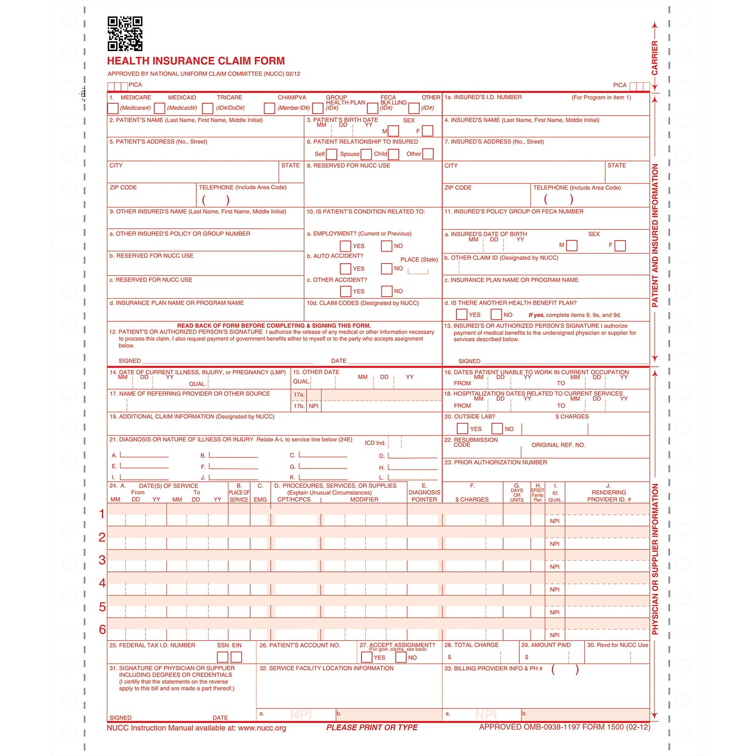 ComplyRight™ CMS-1500 Health Insurance Claim Form (02/12), 2-Part Continuous, White/White, 1,000/Box