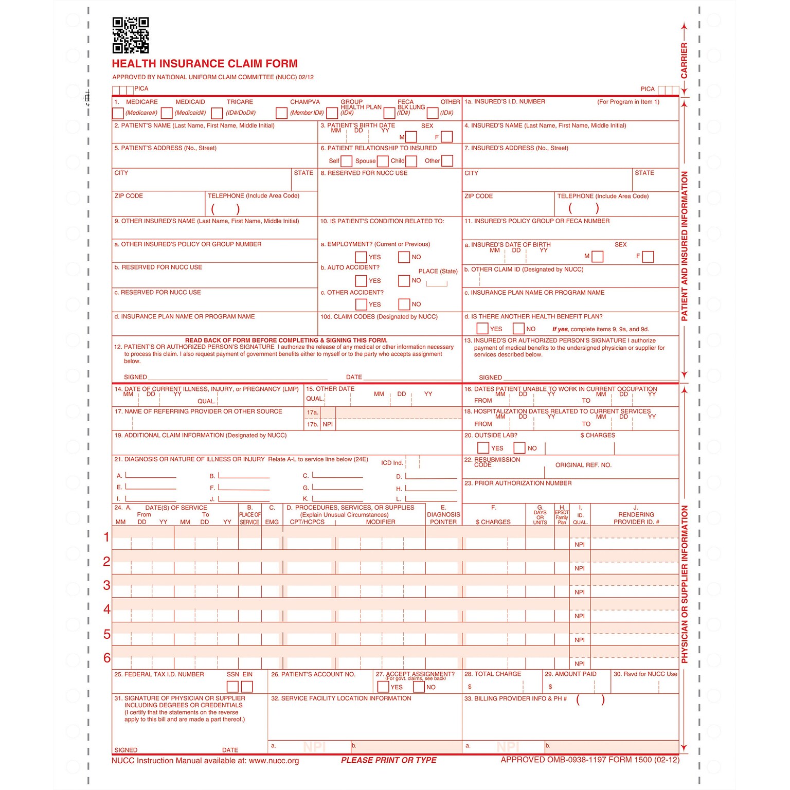 ComplyRight™ CMS-1500 Health Insurance Claim Form (02/12), 2-Part Continuous, White/White, 1,000/Box