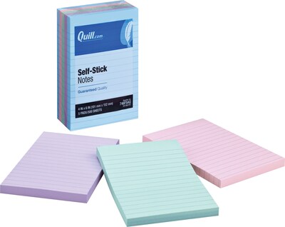 Quill Brand® Self-Stick Notes, 4 x 6, Coastal Pastel Colors, Lined, 100 Sheets/Pad, 5 Pads/Pack (7