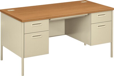 HON® Metro Classic Double Pedestal Desk, 2 Box/2 File Drawers, 60W, Harvest Laminate, Putty Finish