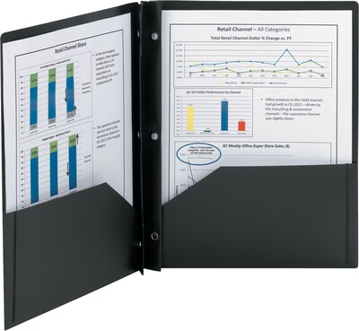 Smead 3-Hole Punched 2 Pocket Plastic Presentation Folder with Fasteners, Black, 25/Box (87725)