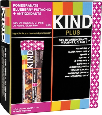 KIND Plus Nutrition Boost Bars, Pomegranate Blueberry Pistachio plus Antioxidants, Snack Bar, 1.4 oz (17221)