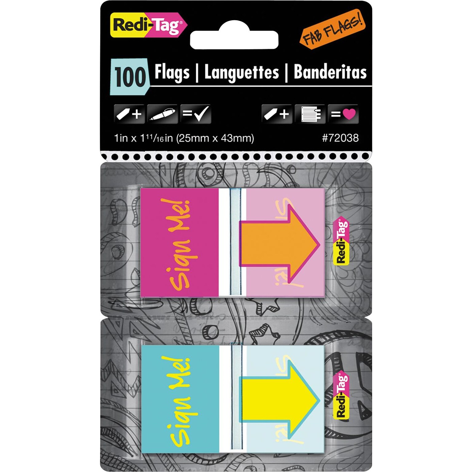 Pop-Up Fab Flags W/ Dispenser, Sign Me!, Magenta/Orange; Teal/Yellow, 100/Pk (72038)