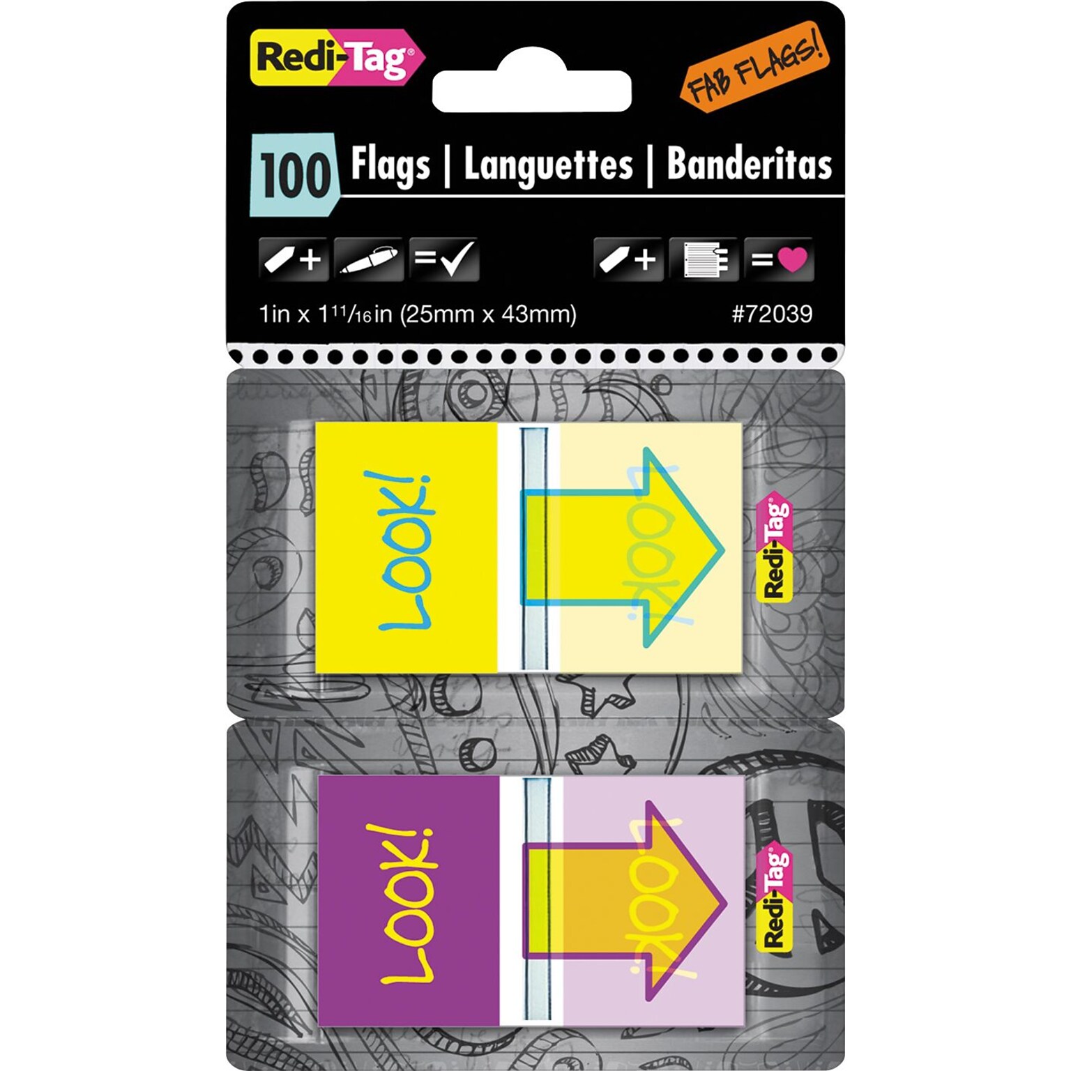 Pop-Up Fab Flags W/ Dispenser, Look!, Purple/Yellow & Yellow/Teal, 100/Pk