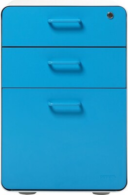 Poppin Stow 3-Drawer Mobile Vertical File Cabinet, Letter/Legal Size, Lockable, 24"H x 15.75"W x 20"D, White and Blue (100429)