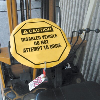 Accuform Signs® 20" Vinyl ANSI Steering Wheel Cover "DANGER DO NOT START..", Black/Red On White