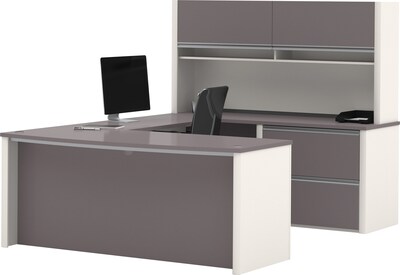 Bestar Connexion Collection 71" U-Shaped Desk with Oversize Pedestal and Hutch, Sandstone/Slate (93863-59)