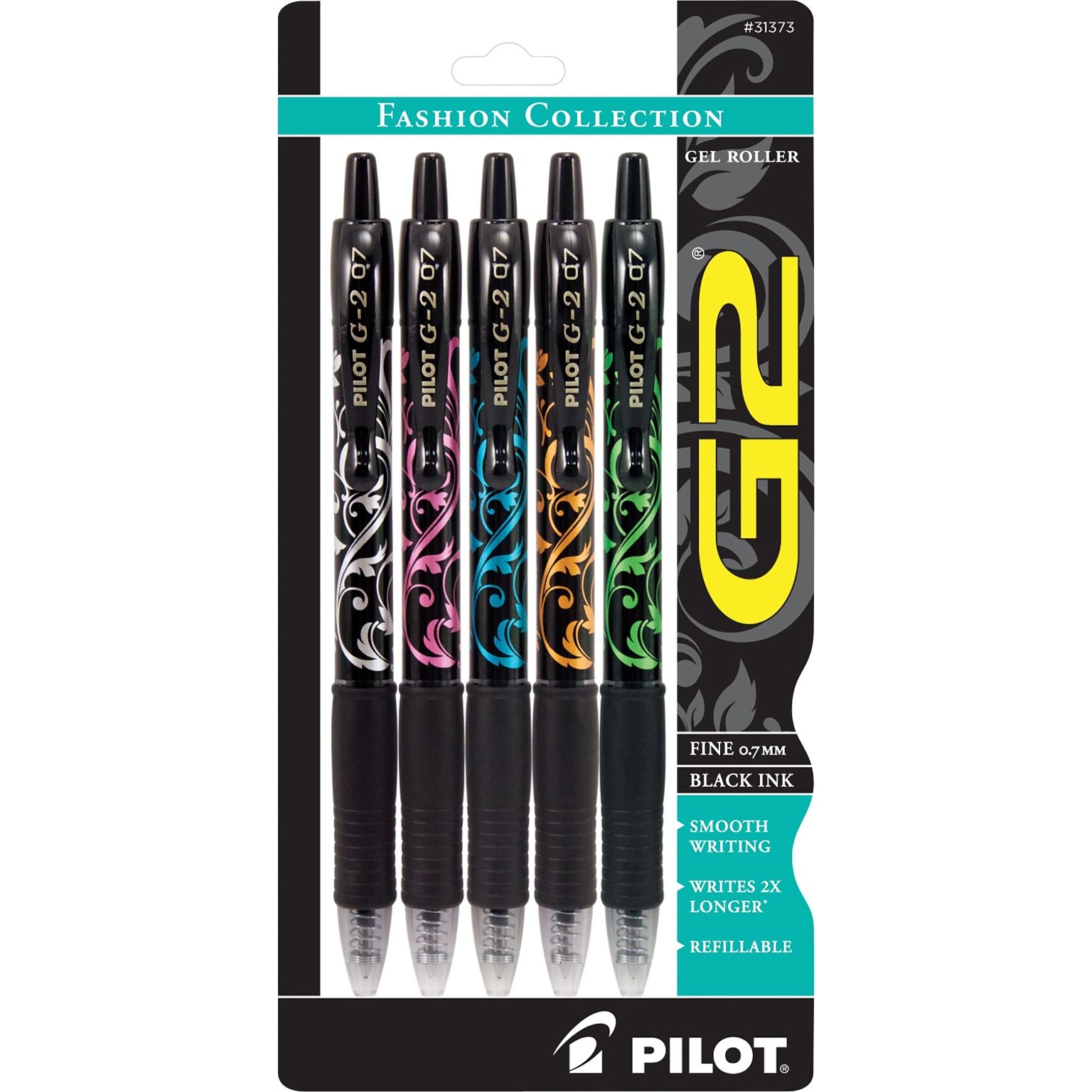 Pilot G2 Fashion Collection Retractable Gel Pens, Fine Point, Black Ink, 5/Pack (31373)