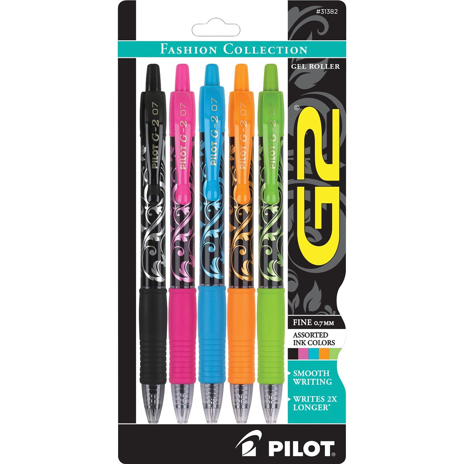 Pilot G2 Fashion Collection Retractable Gel Pens, Fine Point, Assorted Ink, 5/Pack (31382)