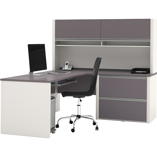 Bestar® Connexion Collection 71W L-Shaped Desk with Oversize Pedestal and Hutch, Sandstone and Slate (93867-59)
