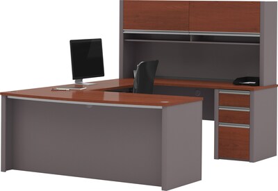 Bestar® Connexion Collection; U-Shaped Desk with Pedestal and Hutch, Bordeaux and Slate