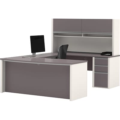 Bestar® Connexion Collection; U-Shaped Desk with Pedestal and Hutch, Sandstone and Slate
