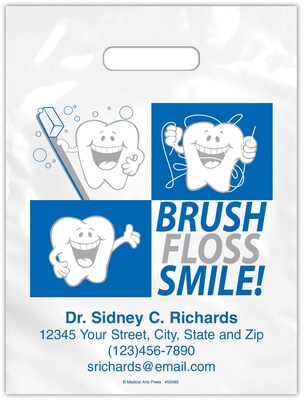 Medical Arts Press® Dental Personalized 2-Color Supply Bags; 9 x 13, Brush/Floss/Smile!, 100 Bags,