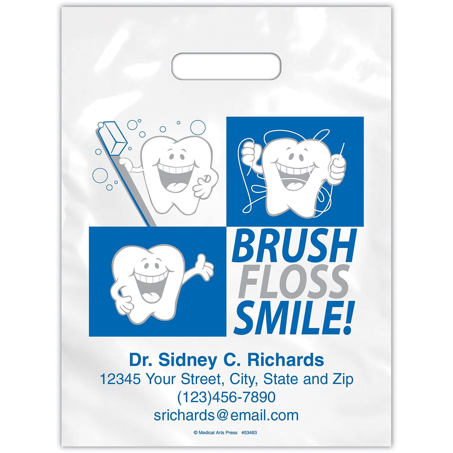 Medical Arts Press® Dental Personalized 2-Color Supply Bags; 9 x 13, Brush/Floss/Smile!, 100 Bags, (53483)