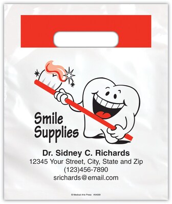Medical Arts Press® Dental Personalized 2-Color Supply Bags; 7-1/2x9, Tooth w/Brush, Smile Supplies