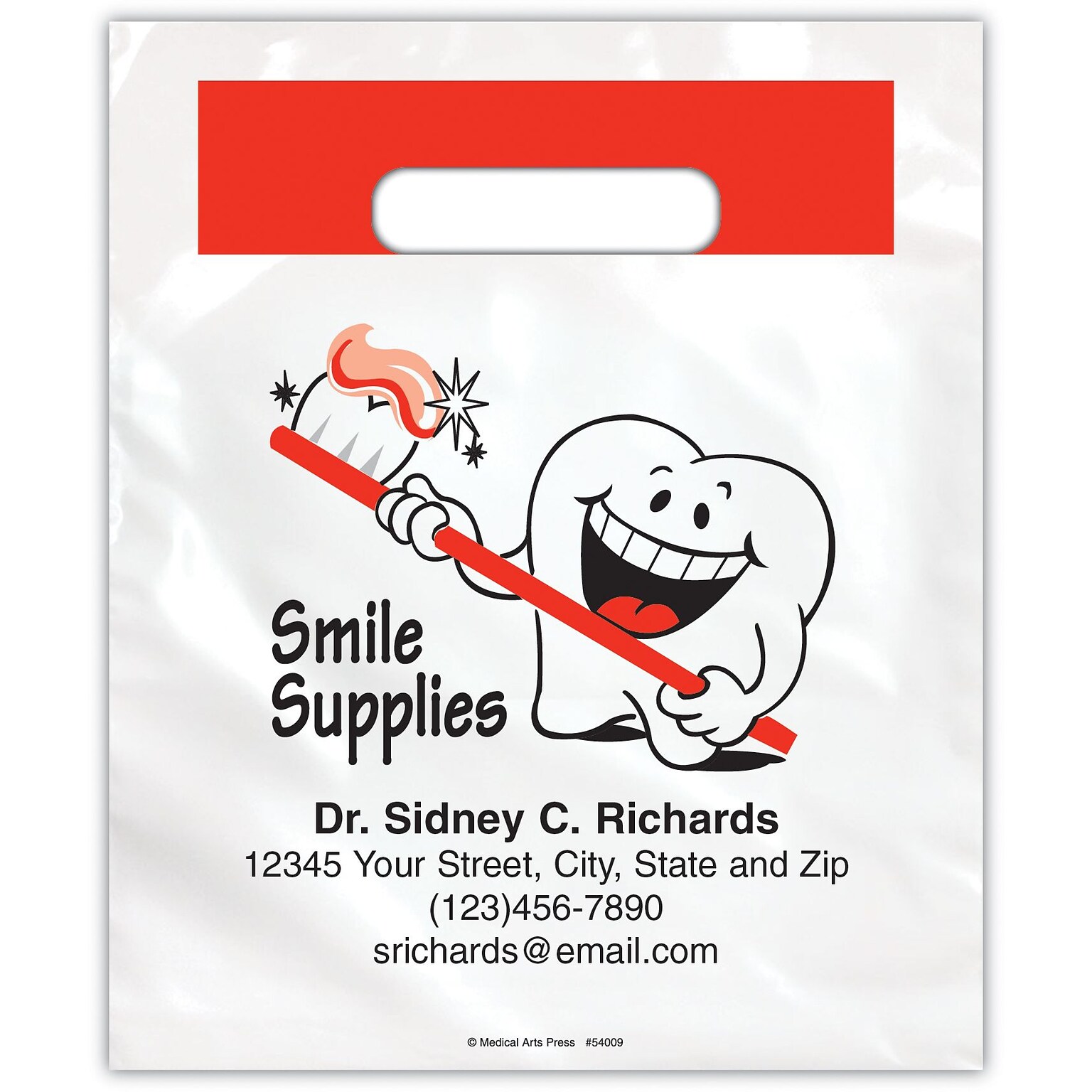 Medical Arts Press® Dental Personalized 2-Color Supply Bags; 7-1/2x9, Tooth w/Brush, Smile Supplies, 100 Bags, (54009)