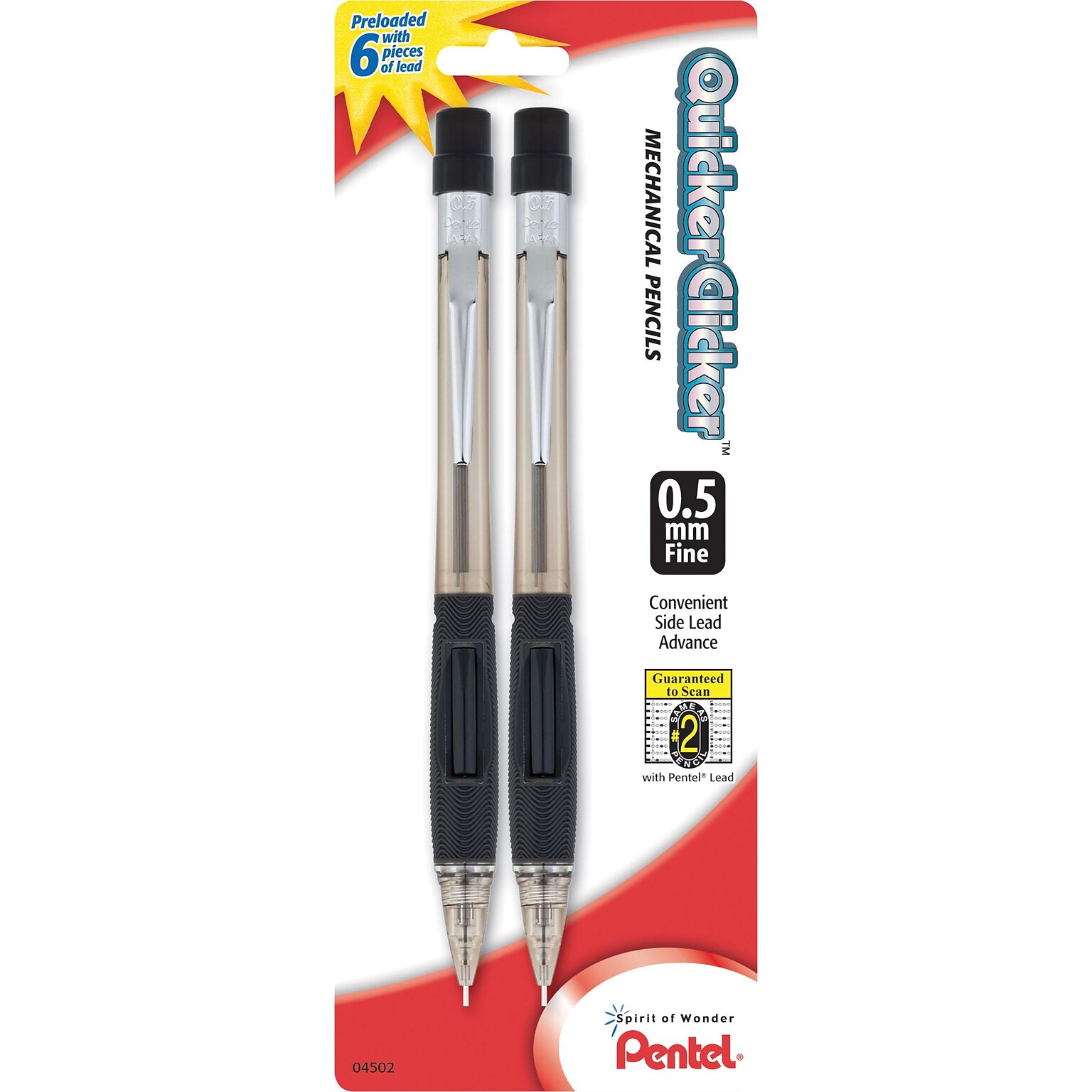 Pentel Quicker-Clicker Mechanical Pencil, 0.5mm, #2 Medium Lead, 2/Pack (PD345BP2-K6)