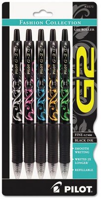 Pilot G2 Fashion Collection Retractable Gel Pens, Fine Point, Black Ink, 5/Pack (31373)