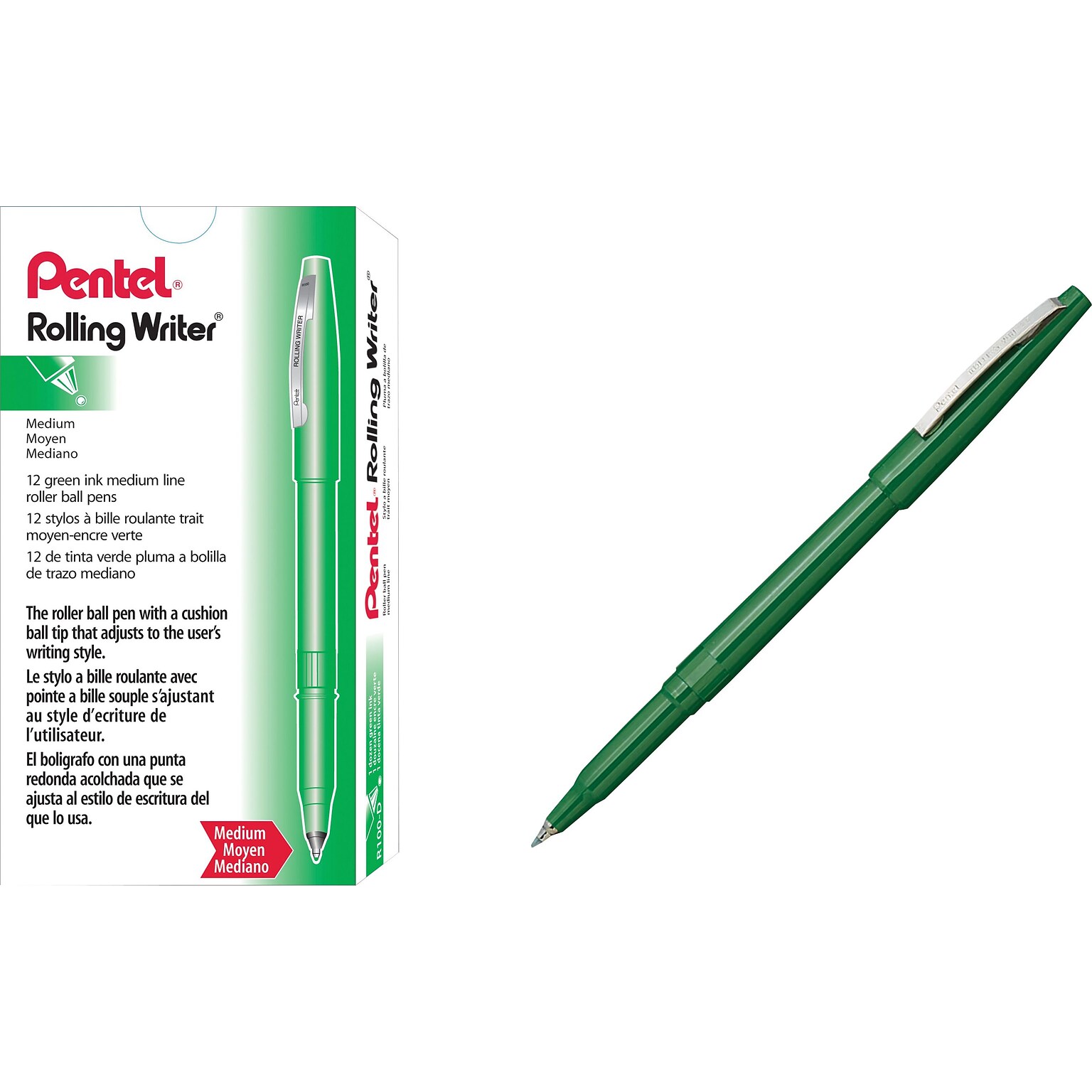 Pentel Rolling Writer Rollerball Pen, Medium Point, Green Ink, Dozen (R100D)