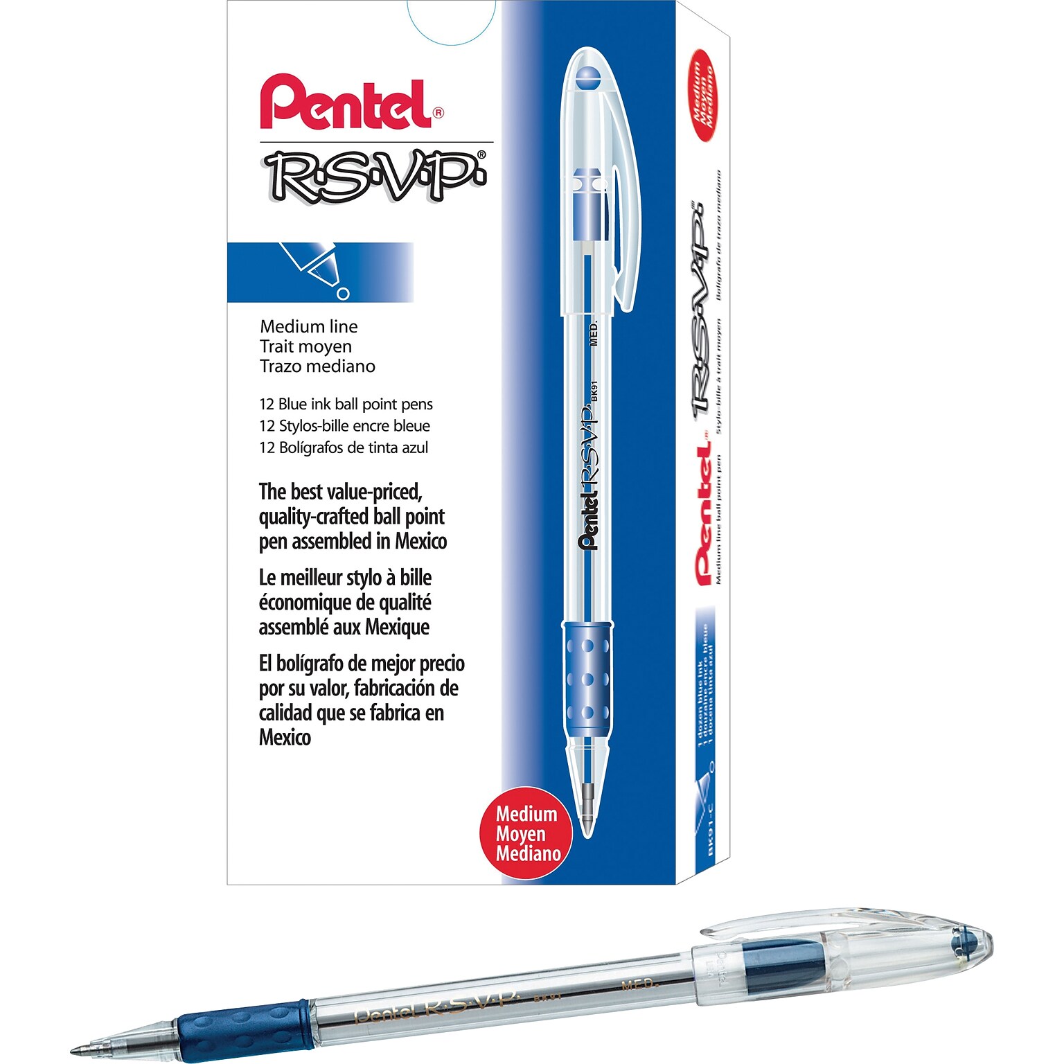 Pentel R.S.V.P. Ballpoint Pens, Medium Point, 1.0mm, Blue Ink, Dozen (BK91-C)