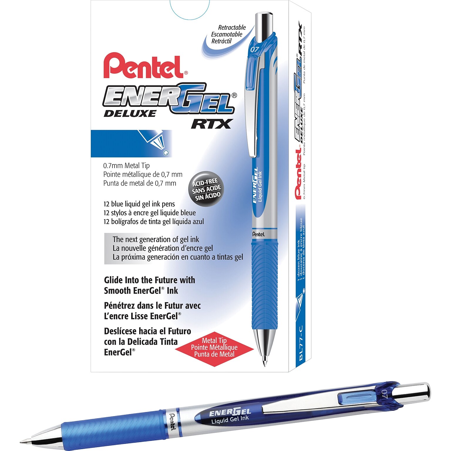 Pentel EnerGel RTX Retractable Gel Pens, Medium Point, 0.7mm, Blue Ink, Dozen (BL77C)
