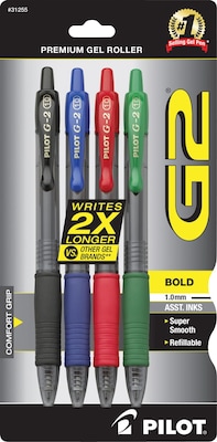 Pilot G2 Retractable Gel Pens, Bold Point, Assorted Ink, 4/Pack (31255)