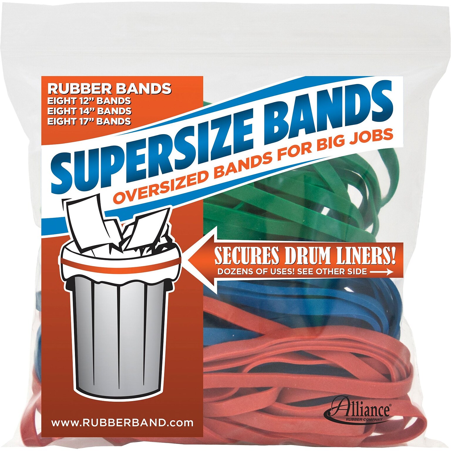 Alliance Rubber Company SuperSize Assorted Size Rubber Bands, Red, Green, and Blue, 24/Pack, Resealable Bag (08997)
