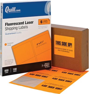 Quill Brand® Laser Shipping Labels, 3-1/3 x 4, Fluorescent Orange, 600 Labels (710441)