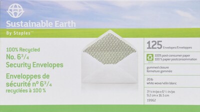 Staples® Security Tinted #6 3/4 Business Envelope, 3 5/8 x 6 1/2, White, 125/Box (19962)
