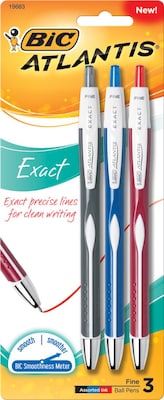 BIC Atlantis Retractable Ballpoint Pens, Fine Point, Assorted Inks, 3/Pack (VCGNP31-AST)