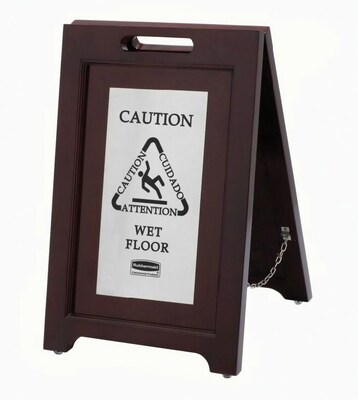 Executive 2-Sided Multi-Lingual Caution Sign, Brown/stainless Steel,15 x 23 1/2