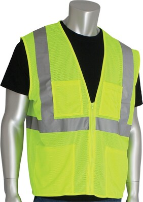 Protective Industrial Products High Visibility Sleeveless Safety Vests, ANSI Class 2, Yellow Mesh, Large (302-MVGZ4PLY-L)