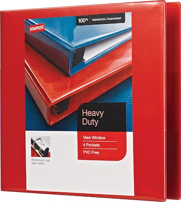 Staples® Heavy Duty 3 3 Ring View Binder with D-Rings, Red (ST56298-CC)