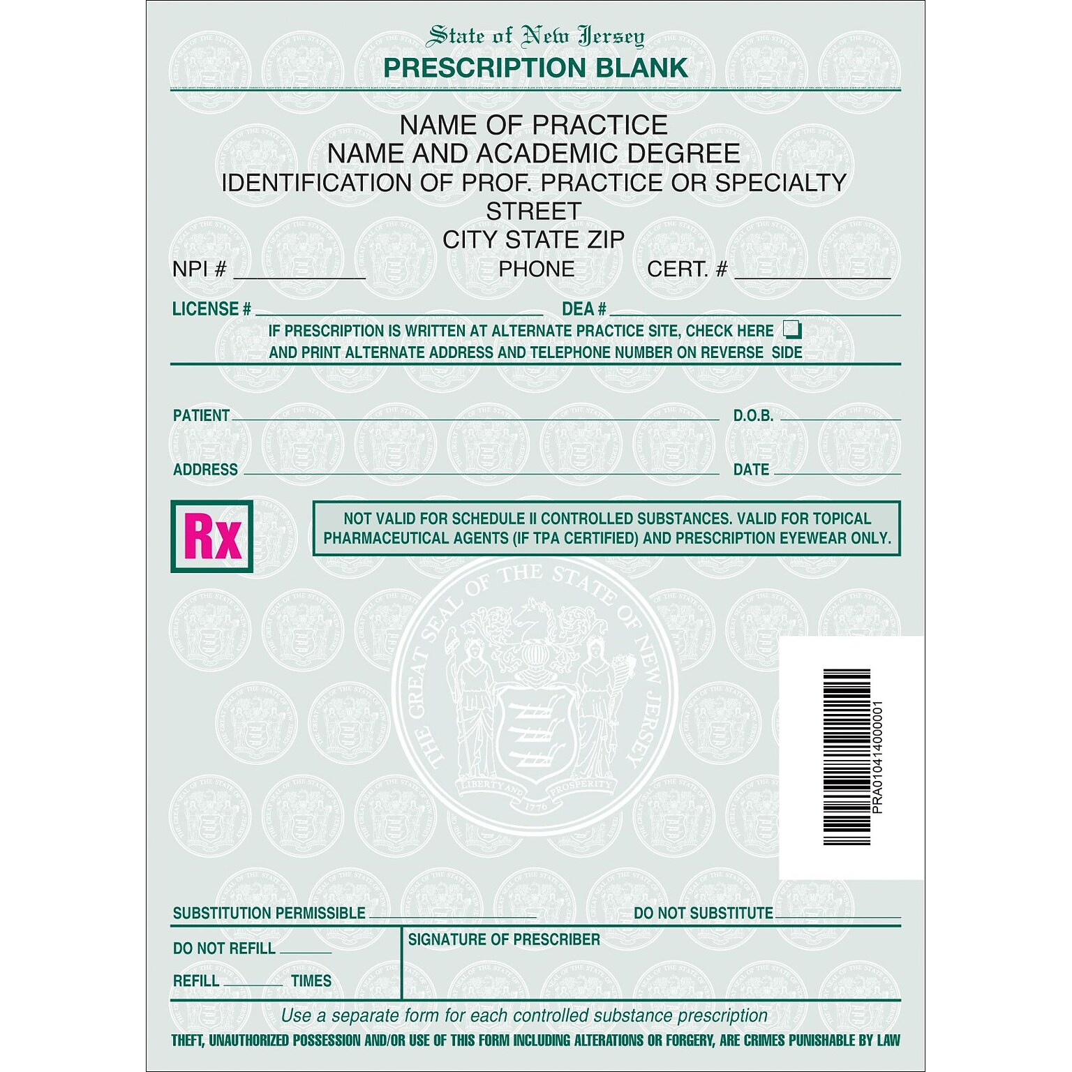 Medical Arts Press® Single Copy Rx, New Jersey, Optometrist