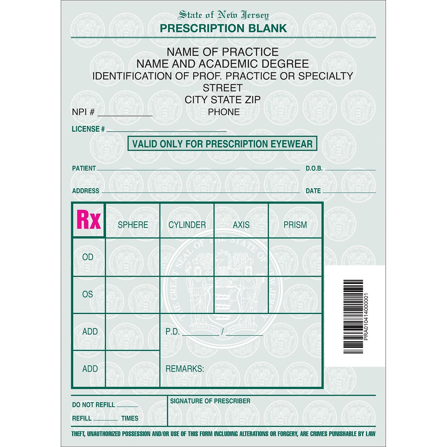 Medical Arts Press® Single Copy Rx, New Jersey, Eyewear