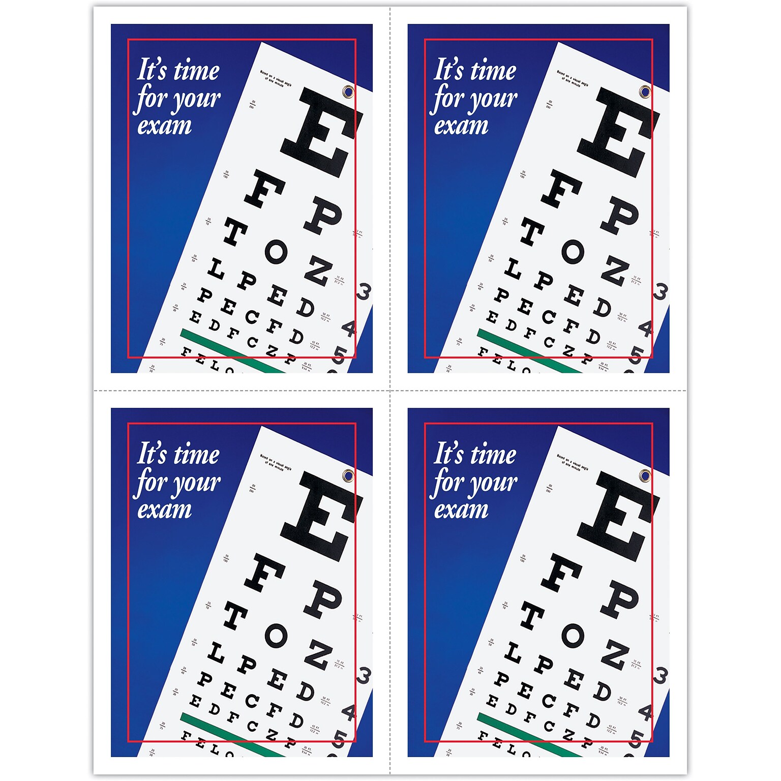 Eye Care Postcards; for Laser Printer; Red Blue Eye Chart, 100/Pk