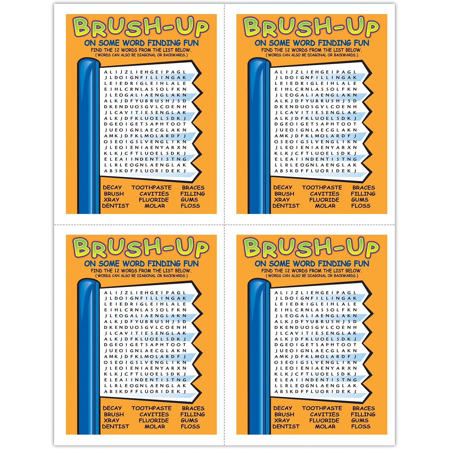 Patient Interactive Postcards; for Laser Printer; Toothbrush WordFind, 100/Pk