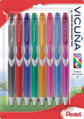 Pentel® Vicuna® Retractable Advanced Ink Ballpoint Pens, Fine Point, Assorted Colors, 8/Pack