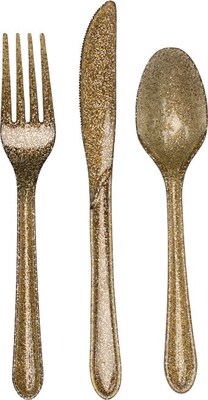 Creative Converting Heavy-Weight Plastic Glitz Gold Glitter, Assorted Cutlery, 24/Pack (019805)