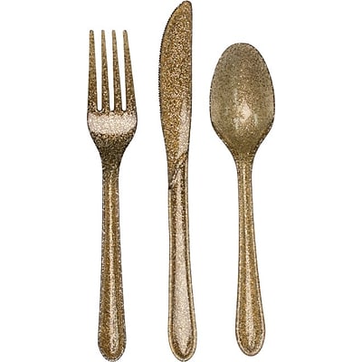 Creative Converting Heavy-Weight Plastic Glitz Gold Glitter, Assorted Cutlery, 24/Pack (019805)