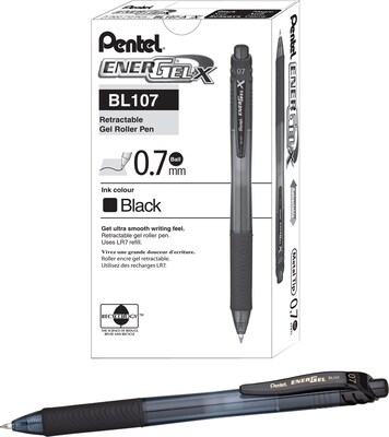 Pentel EnerGel-X Retractable Roller Gel Pens, Medium Point, Black Ink, 24/Pack (BL107ASW2)