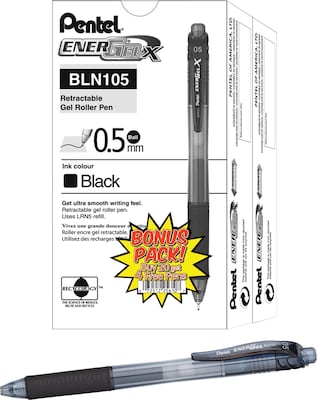 Pentel® EnerGel-X™ Retractable Roller Gel Pens, Fine Point, Black Barrel with Black Ink, 24/Pack (BL