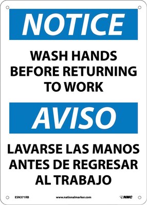 Notice Signs; Wash Hands Before Returning To Work, Bilingual, 14X10, Rigid Plastic