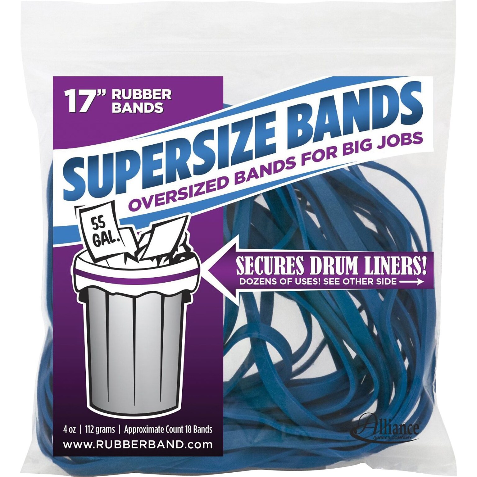 Alliance Rubber Company SuperSize Rubber Bands, 17 x 0.25, Blue, 12/Pack, 4 oz. Resealable Bag (08995)